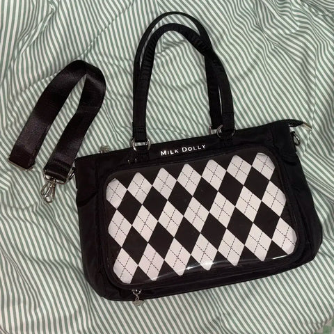Huyuneko Checkerboard Satin Ita Bag Black