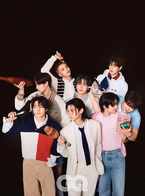 Selling GQ magazine featuring Stray Kids in Tommy Hilfiger pictorial.