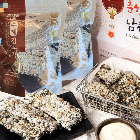 Gganbu - Bánh snack rong biển thủ công truyền thống Hàn Quốc với xôi (nguyên bản/Wasabi)
