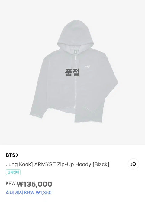 BTS Jungkook ARMYST Hoodie Zip-up Black M size