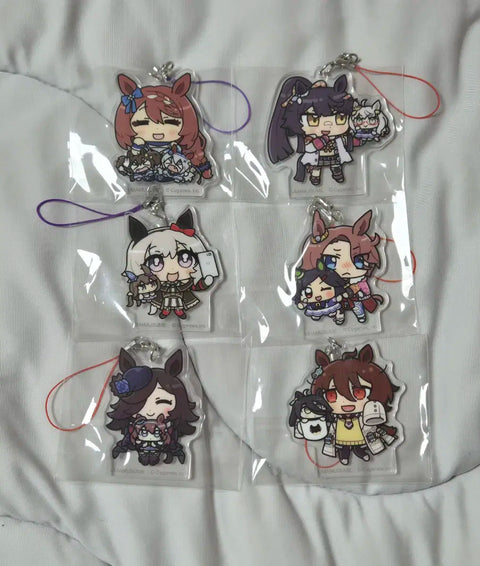 Uma Musume acrylic keychains as a set, together with a plush doll.