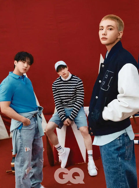 Selling GQ magazine featuring Stray Kids in Tommy Hilfiger pictorial.