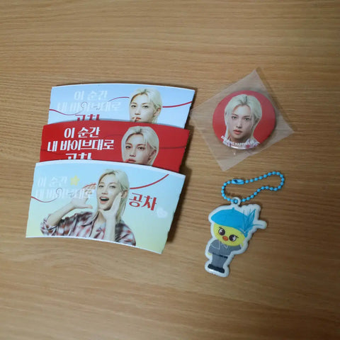 Stray Kids SKZ Felix Yongbok Gongcha Cup Holder Can Badge + BbokAri Keyring Bundle