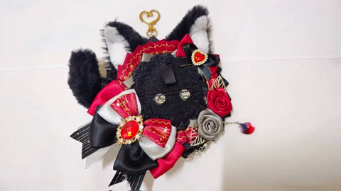 Cat Ear Can Badge Rosette Red Black 75mm